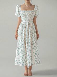 SHEIN VCAY Ditsy Floral Print Puff Sleeve Smock Dress - Cadet Blue - View 4
