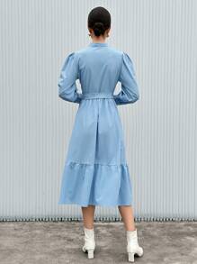 SHEIN Privé Vestido Azul Con Dobladillo Con Volantes Y Manga Larga Para Mujer