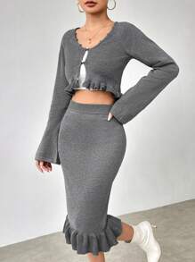 SHEIN Clasi Women Sweater Co-ords Ruffle Hem Rib-Knit Tombol Depan Plain Casual - Grey - View 4