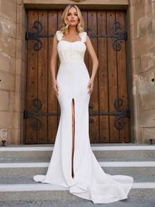 Fishtail Hem Cami Dress With Ruffle Trim And Split, Suitable For Evening Party - White - View 6