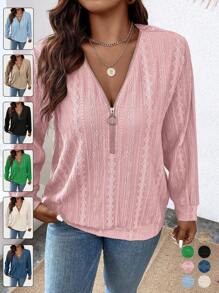 Calvaya Plus Size Pink V-Neck Zipper Design Casual Long Sleeve Sweatshirt Pullover Fall Sweatshirt - Dusty Pink - View 1