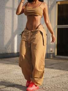 女式低腰性感工裝褲 - 卡其色 - 查看 4