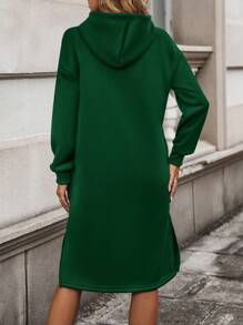 SHEIN LUNE Women's Hooded Long Sweatshirt Dress With Letter Pattern - Dark Green - View 2
