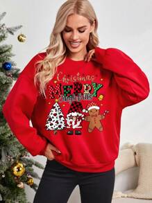 SHEIN LUNE In Giáng sinh Thả vai Áo nỉ - Đỏ - Xem 6