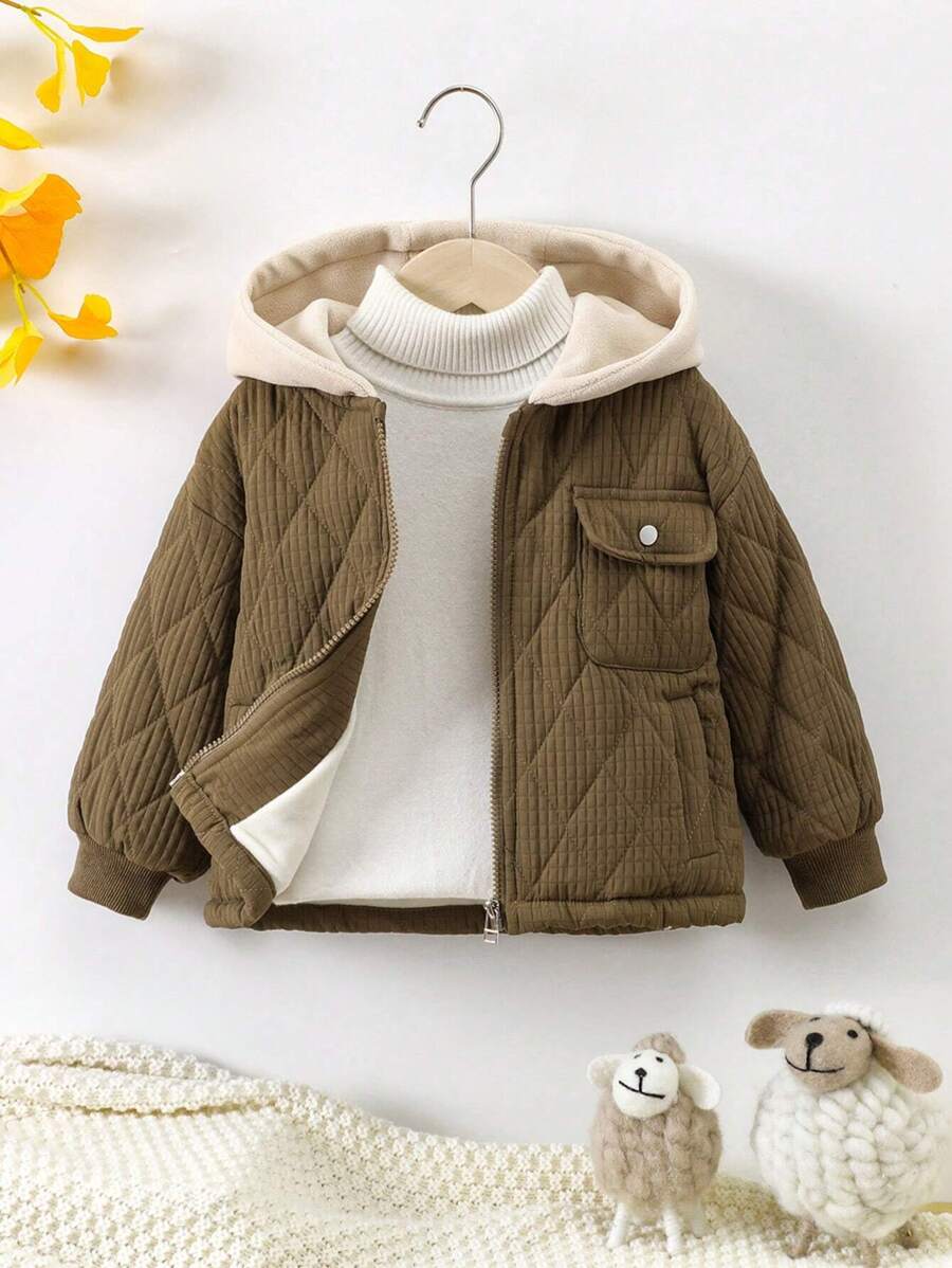 男童鑽石格紋拼接加厚連帽外套,帶口袋 - 軍綠色 - 查看 1