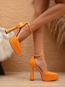 女用金色條紋橘色厚底高跟鞋,y2k 風格,適合日常生活、休閒穿著、時尚夜店和走秀 - 橘色 - 查看 5