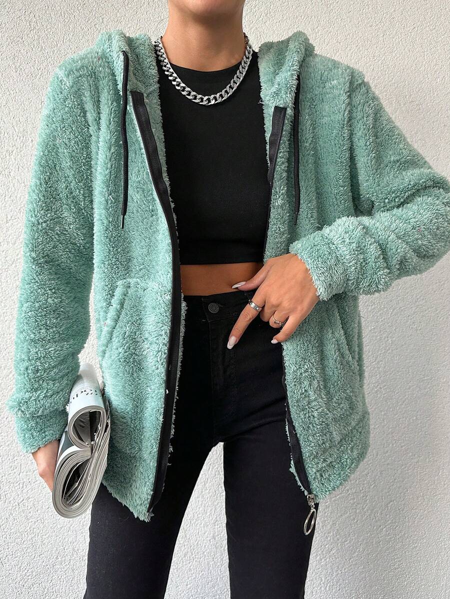 Cottnline 拉鍊式束繩帽毛絨夾克 - 薄荷綠 - 查看 1