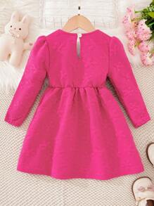 SHEIN 年輕女孩卡通絨質泡泡袖連衣裙 - 玫紅色 - 查看 2