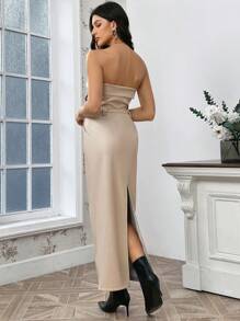 SHEIN Privé Women's Tube Top Back Slit Dress - Khaki - View 4