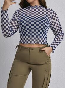 SHEIN EZwear Plus Size Women'S Checkerboard Printed Mesh Top - Navy Blue - View 1