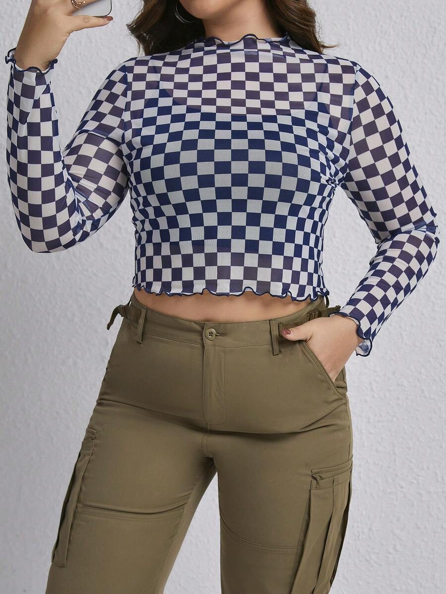 SHEIN EZwear Plus Size Women'S Checkerboard Printed Mesh Top - Navy Blue - View 1