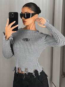 SHEIN ICON 秋冬条纹破洞毛衣 - 灰色 - 查看 5