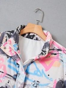 SHEIN EZwear 加肥加大碼棉袄,全印花圖案,下垂肩袖 - 彩色 - 查看 4