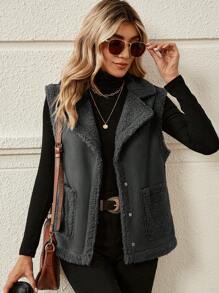 SHEIN LUNE Dual Pocket Teddy Lined Vest Jacket - Grey - View 1