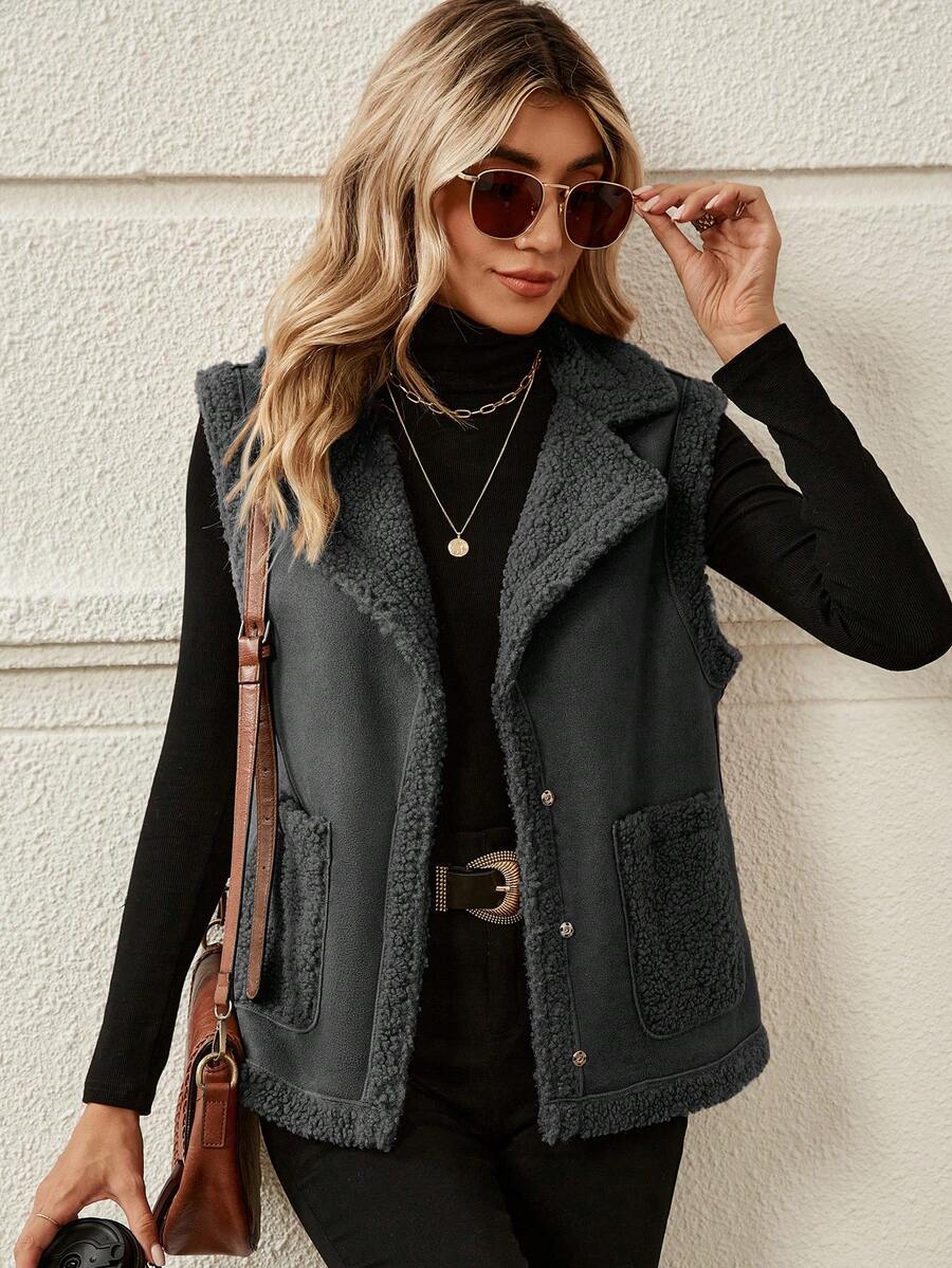 SHEIN LUNE Dual Pocket Teddy Lined Vest Jacket - Grey - View 1