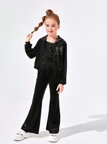 SHEIN 女大童水鑽字母和蝴蝶樣式連帽絲絨夾克&吊帶上衣&喇叭褲 - 黑色 - 查看 4