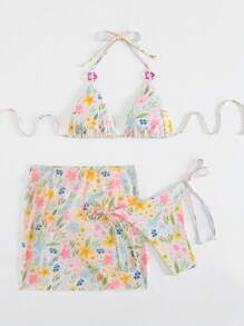 Swim Mod Summer 3pcs Floral Print Bikini Set With Side Tied Straps, Drawstring Design Cover-Up Skirt - Multicolor - View 4
