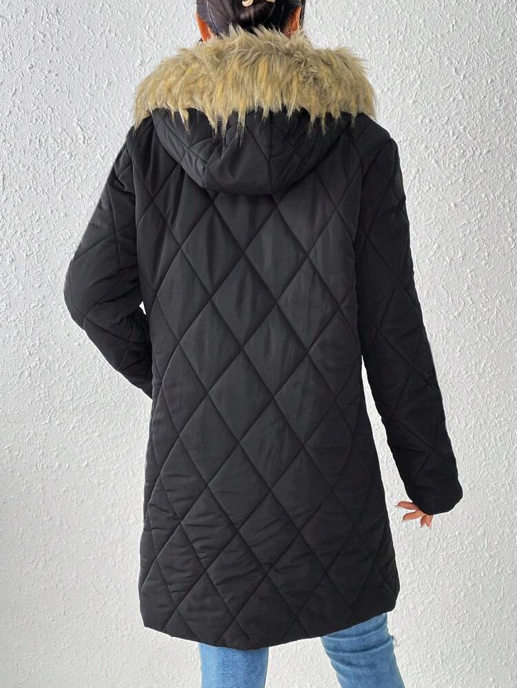 Women's Hooded Padded Padded Coat Clothes Winter With Diamond-Shaped Quilting And Trim
