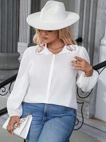 Calvaya Plus Floral Embroidery Lantern Sleeve Shirt - White - View 6