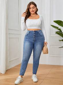 SHEIN Privé 大尺碼純色彈性緊身牛仔褲 - 藍色 - 查看 3