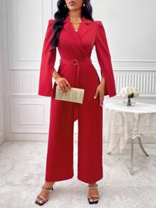 Lapel Neck Split Sleeve Belted Jumpsuit - Red - View 3
