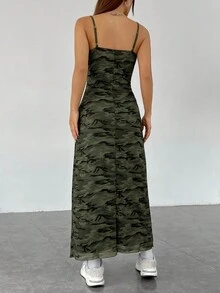 SHEIN EZwear 復古90年代風格綠色迷彩印花綁帶女子連衣裙 - 綠色 - 查看 2