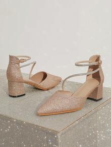 Chunky High Heel Pointed Toe Shoes, Rhinestone Decorated Elegant & Glamorous, Suitable For Parties, Formal Events & Daily Wear, Fashion Versatile Hollow-Out Design - Champagne - View 5