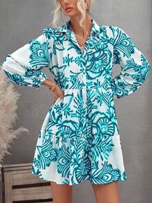 SHEIN Frenchy All-over Printed Lantern Sleeve Blouse Dress With Ruffled Hem For Women - Blue - View 5