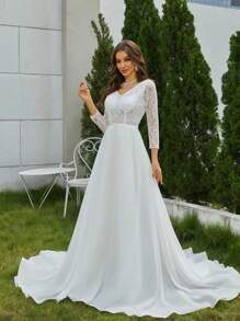 Lace Bodice Open Back Floor Length Wedding Dress - White - View 3