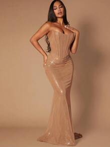 SHEIN SXY Prom Dress;Sequin Tube Fishtail Hem Dress - Khaki - View 1