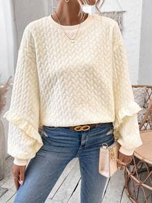 SHEIN Essnce Women's Round Neck Drop Shoulder Sweatshirt With Back Button Design - Apricot - View 5