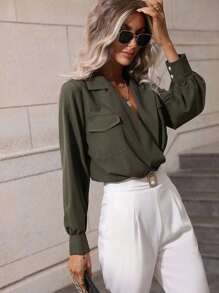 SHEIN LUNE Áo liền quần ôm nữ Túi màu trơn Giải trí - xanh quân đội - Xem 3