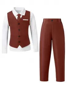 SHEIN Tween Boy 2pcs/Set Comfortable Vest & Pants Suit With Front Button Vest, Shirt Not Included - Burgundy - View 1