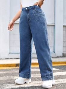 SHEIN EZwear Jeans De Pierna Recta De Talle Alto Para Talla Grande Con Detalle De Pedrería - Lavado ligero - Ver 5