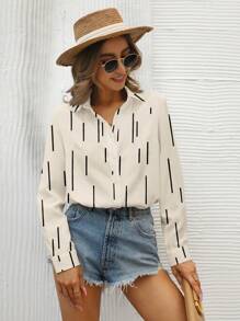 SHEIN Frenchy Women's Linear Pattern Long Sleeve Shirt - Apricot - View 4