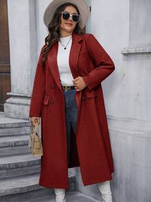 Calvaya Plus Size Red Double Breasted Mid-Length Coat - Burgundy - View 6