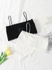 2 Piezas/set Bralette De Top De Tanque Acanalado Para Chicas Adolescentes - Blanco y Negro - Ver 2