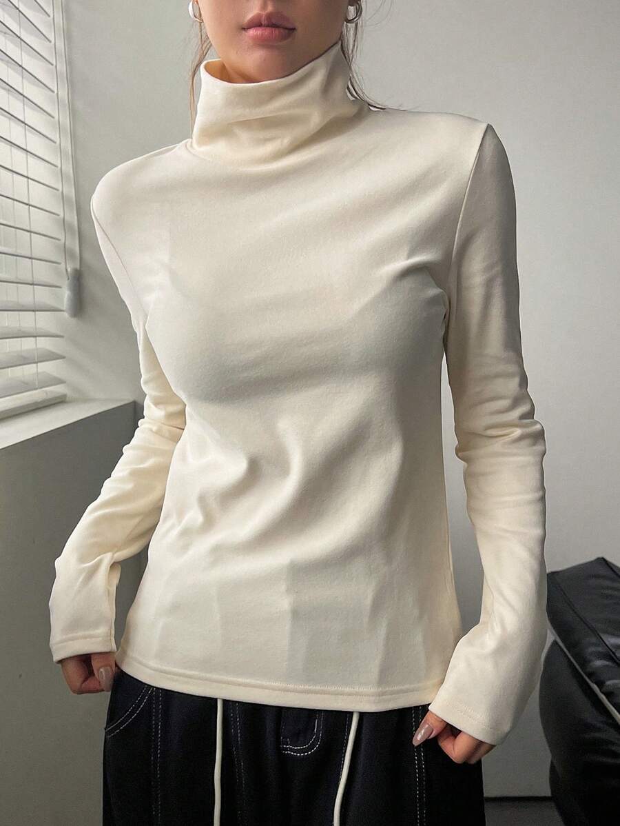 DAZY 女式立领打底 T 恤长袖女上衣，秋季女装高领衫 - 米色 - 查看 1