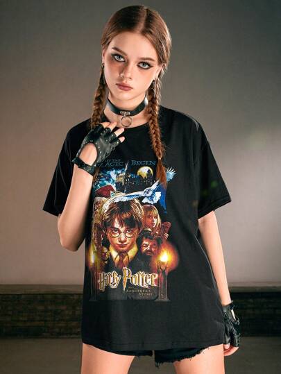 Harry Potter | ROMWE Camiseta de manga caída con gráfico de figura y letra, escolar