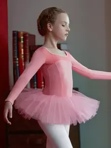 1件年輕女孩芭蕾舞連身衣，長袖舞蹈裙，芭蕾舞者用蕾絲紗裙，舞蹈練習服裝表演服裝 - 西瓜粉 - 查看 1