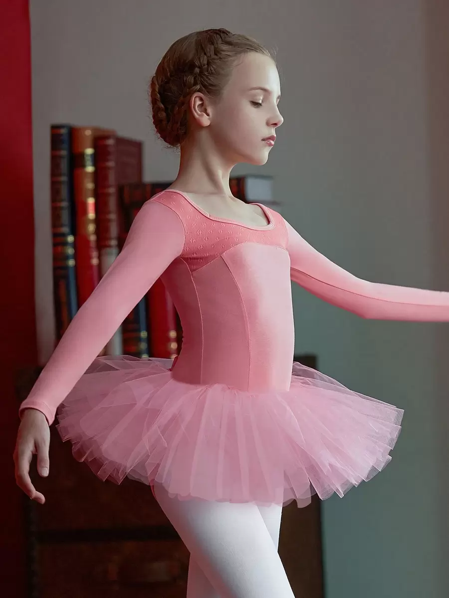 1件年輕女孩芭蕾舞連身衣,長袖舞蹈裙,芭蕾舞者用蕾絲紗裙,舞蹈練習服裝表演服裝 - 西瓜粉 - 查看 1
