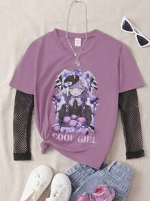 SHEIN 女大童人物和字母圖案拼接漁網袖假兩入組T恤 - 紫羅蘭色 - 查看 1