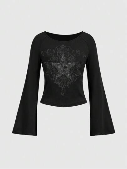 Fairycore Round Neck Star Pattern Bell Sleeve T-shirt