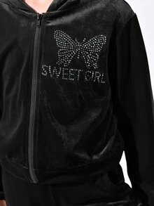 SHEIN 女大童水鑽字母和蝴蝶樣式連帽絲絨夾克&吊帶上衣&喇叭褲 - 黑色 - 查看 6