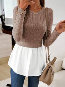 SHEIN Essnce Color Block Long Sleeve T-shirt - Khaki - View 4