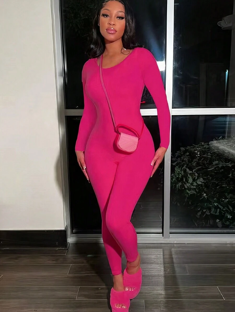 SHEIN Slayr Women's Solid Color Bodycon Jumpsuit - Hot Pink - View 1