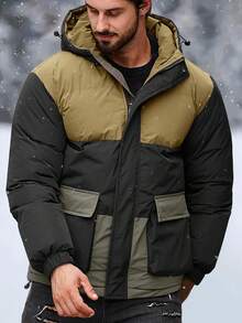 Manfinity Homme 超大号男式双色夹棉大衣，配有翻盖口袋和连帽 - 咖啡棕 - 查看 3