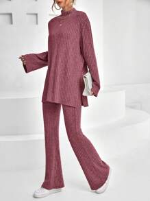 SHEIN Essnce 女士兩件套裝 - 酒紅色 - 查看 3