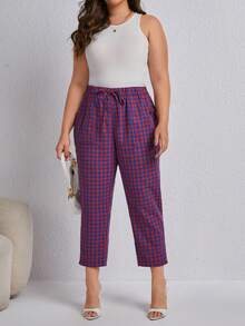 SHEIN LUNE 加斜袋水牛格紋長褲 - 藏蓝色 - 查看 4