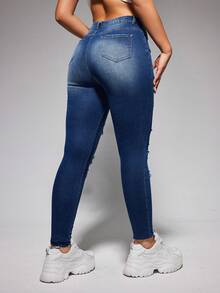 SHEIN EZwear 女性修身破洞牛仔褲 - 中等水洗藍 - 查看 2